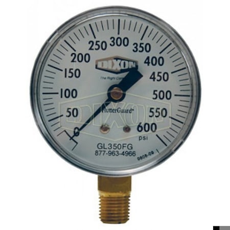 Dixon FlutterGuard Dry Gauge, 0 to 600 psi, 1/4 in Connection, 2-1/2 in Dial, +/- 3-2-3 % GL350FG